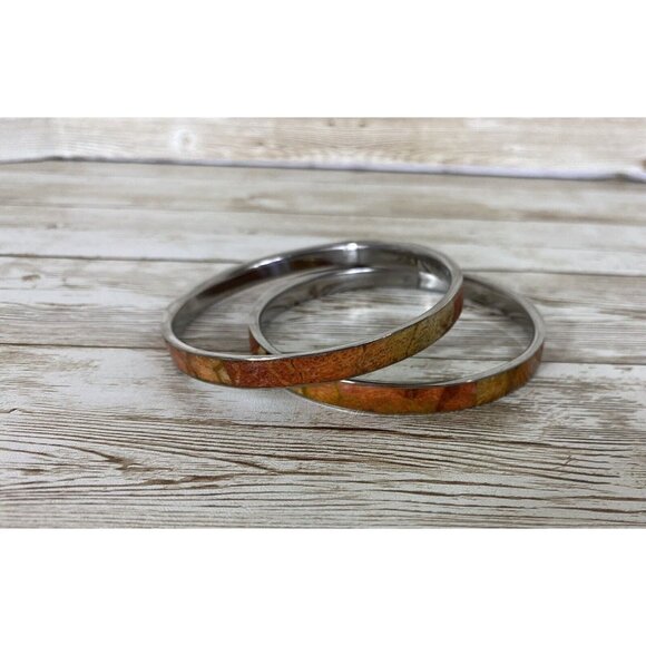 Silver Toned Enamel Bangle Bracelets Orange Fall Tones Vintage Pair - Picture 4 of 10